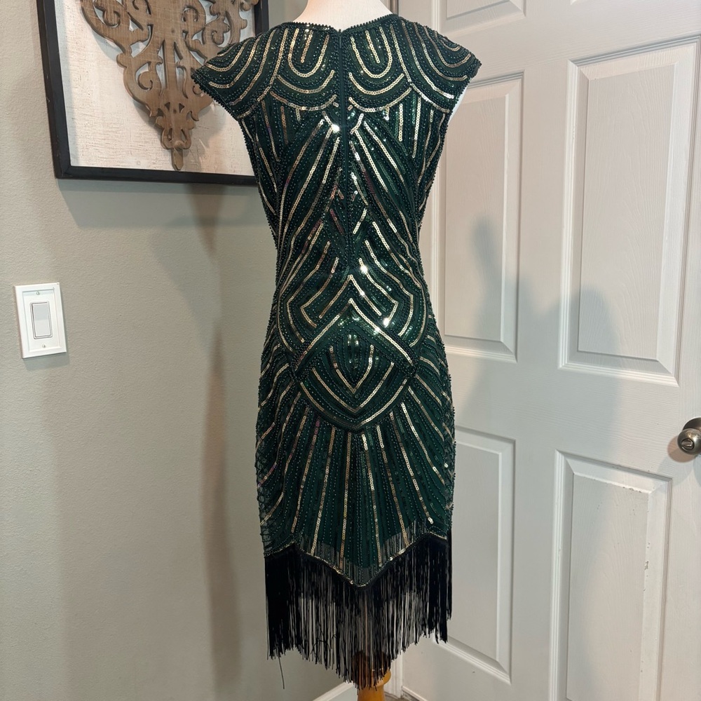 BABEYOND Women's Flapper Dress 1920s Beaded Fringed Great Gatsby Green Medium - Picture 3 of 9